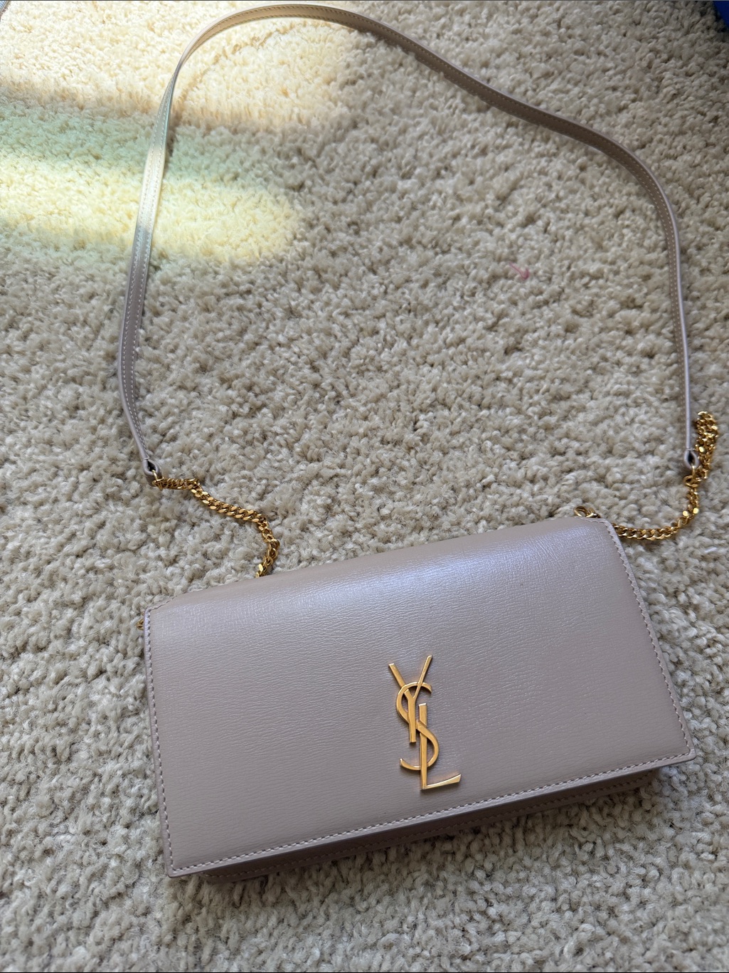Saint Laurent Beige Leather Chain Crossbody With Gold Ysl